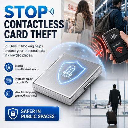 🔒RFID Blocking Stainless Steel Card Holder, Slim Portable Anti‑Theft Metal Credit Card Case
