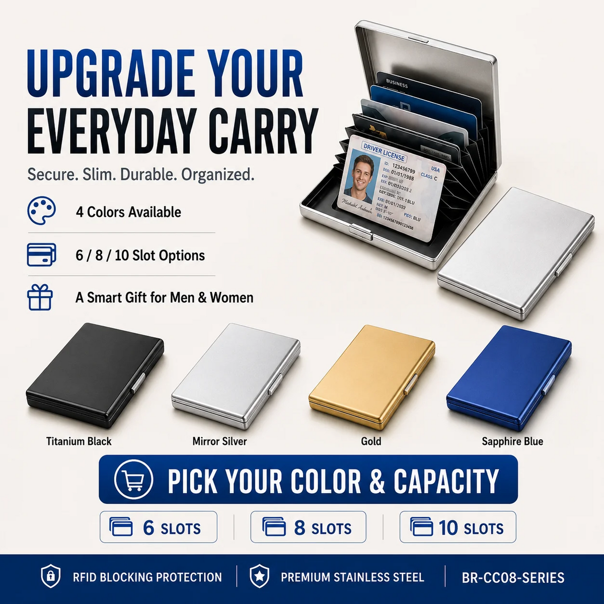 🔒RFID Blocking Stainless Steel Card Holder, Slim Portable Anti‑Theft Metal Credit Card Case