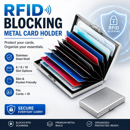 🔒RFID Blocking Stainless Steel Card Holder, Slim Portable Anti‑Theft Metal Credit Card Case